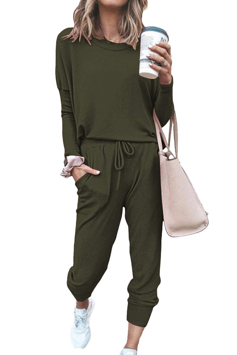 Fixmatti Long Sweatsuits for Women 2 Piece Casual Outfit Pant Set Gym Army Green L - Image 1
